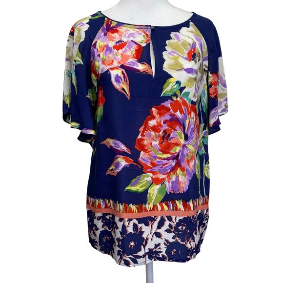 MAEVE Anthropologie Gardenia 100% Silk Blue Floral Flutter Sleeve Blouse Sz 2 - Picture 2 of 11
